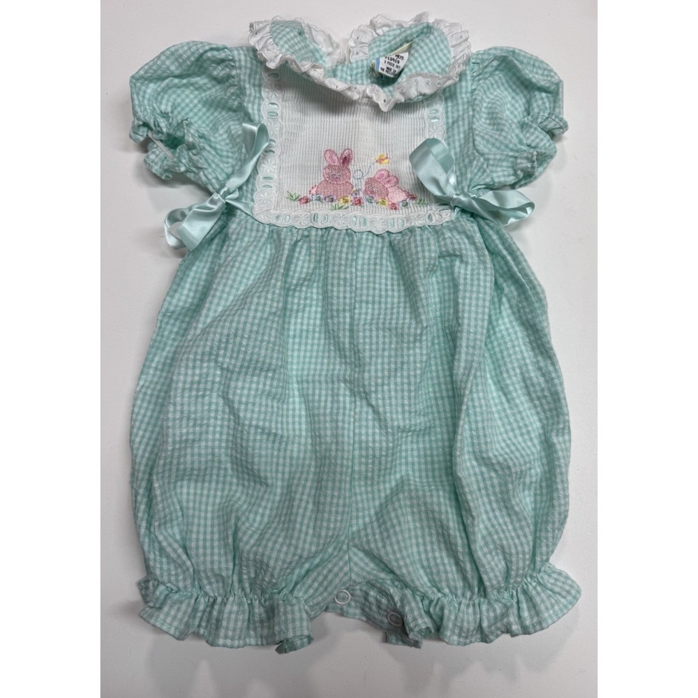 Vintage Baby Togs Bubble Romper 6-9 MO Smocked 1990s Bunny Flower Easter